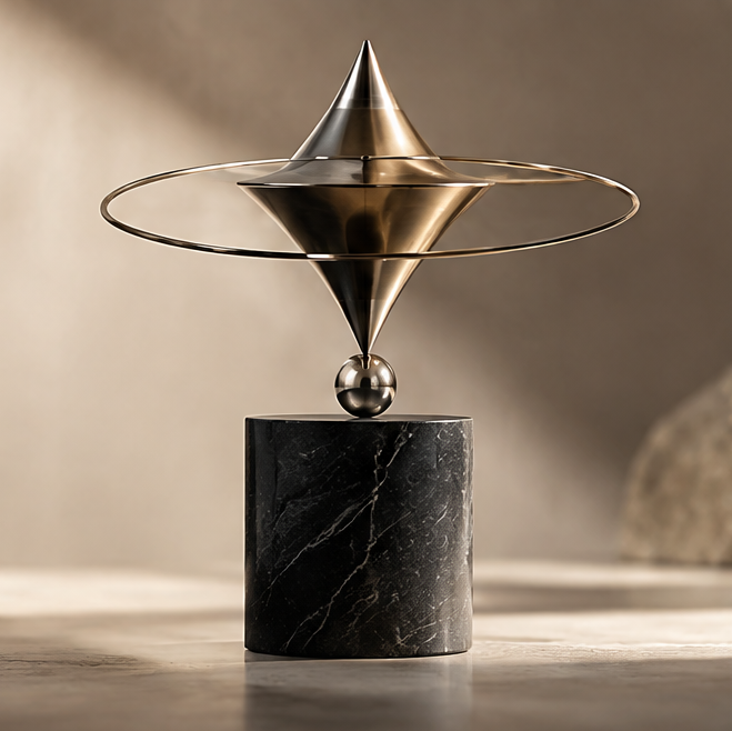 FOLVAXY orbital ring sculpture with a pointed metallic center and dark veined cylindrical base