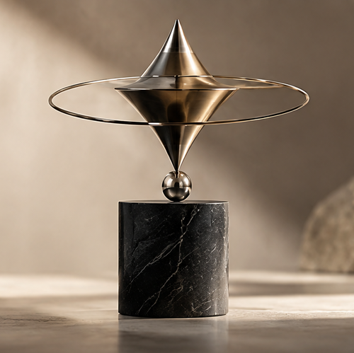 FOLVAXY orbital ring sculpture with a pointed metallic center and dark veined cylindrical base