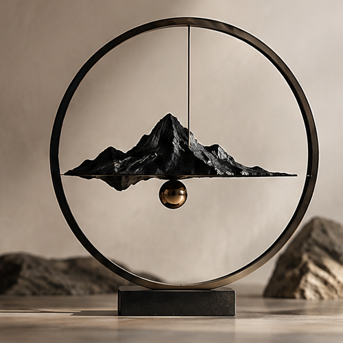 FOLVAXY circular ring sculpture framing dark mountain peaks with a gold-tone sphere beneath