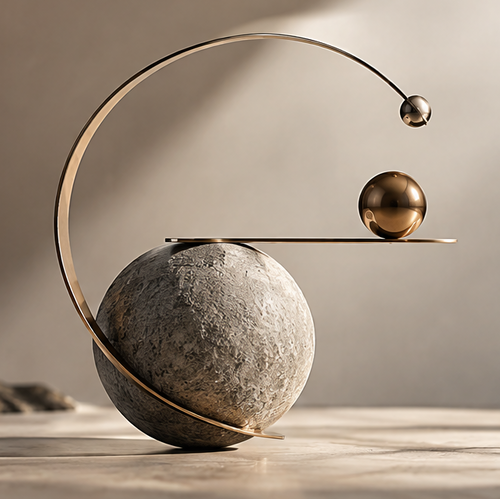 FOLVAXY lunar arc sculpture with a textured gray globe and two gold-tone spheres