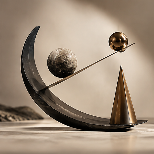 FOLVAXY crescent sculpture with two contrasting spheres, a slender diagonal beam and gold-tone cone