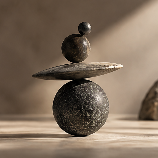 FOLVAXY dark veined stone sculpture with three graduated spheres and a flattened disc