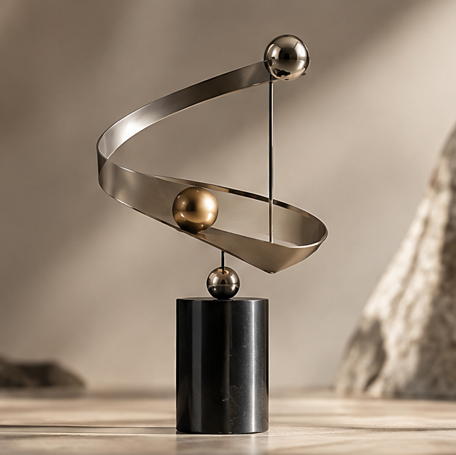 FOLVAXY spiraled ribbon sculpture with gold-tone and silver-tone spheres on a dark cylindrical base