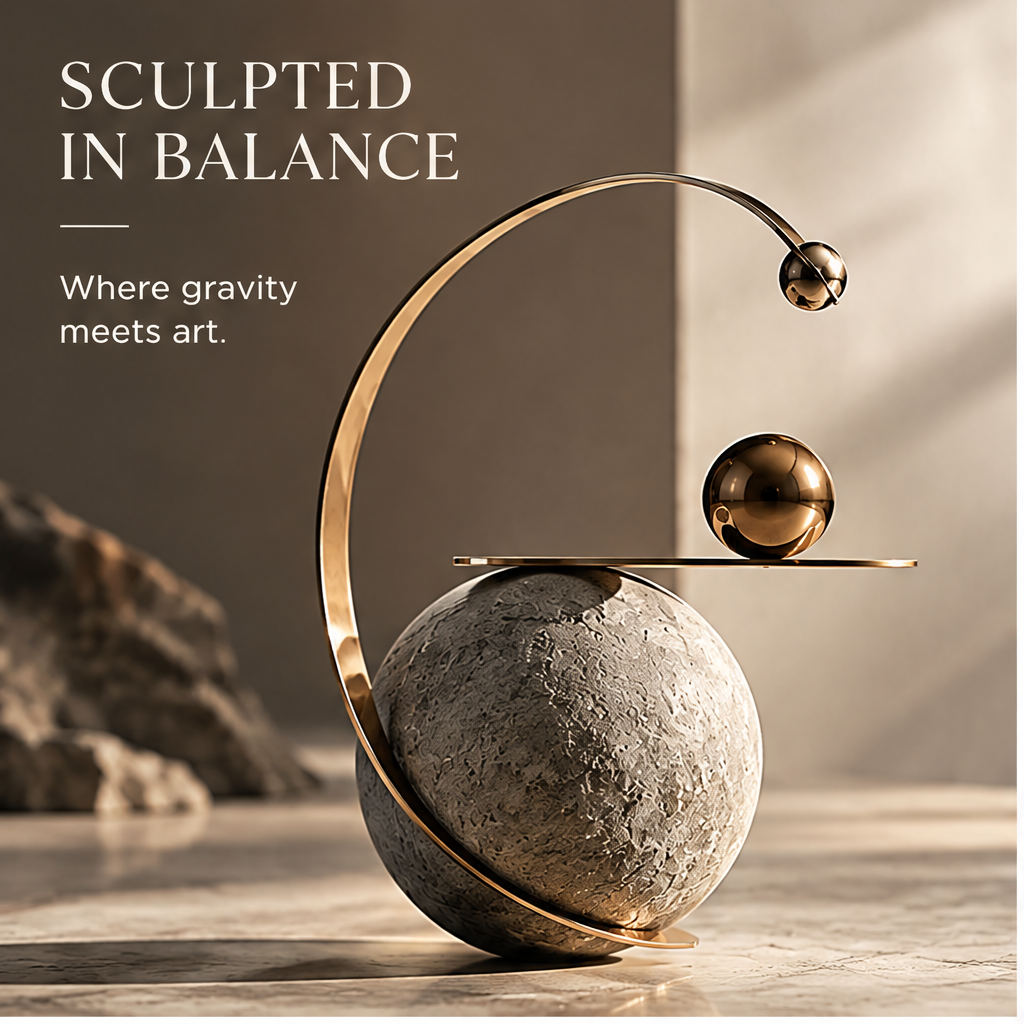 Lunar arc balance sculpture showing the curved frame and textured globe