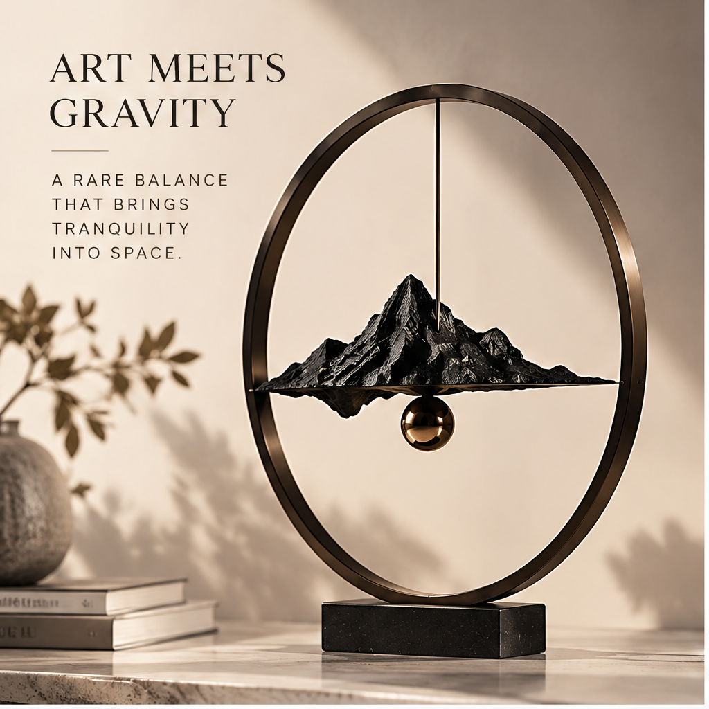 Mountain ring sculpture with a slender vertical element and rectangular base