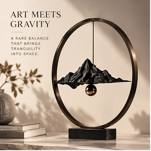 Mountain ring sculpture with a slender vertical element and rectangular base