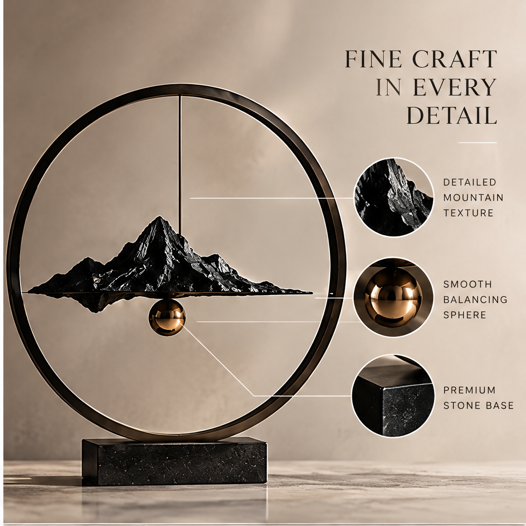 Mountain ring sculpture styled on a console beside books and a vase