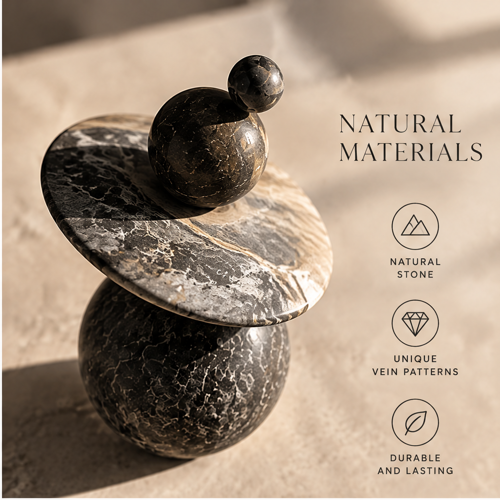 Compact stone balance sculpture styled beside books on a console