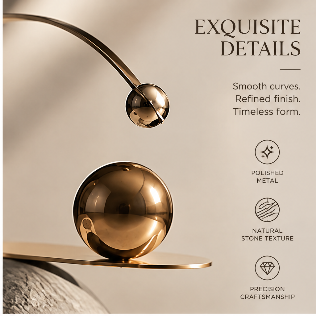 Close-up of reflective gold-tone spheres and textured gray globe