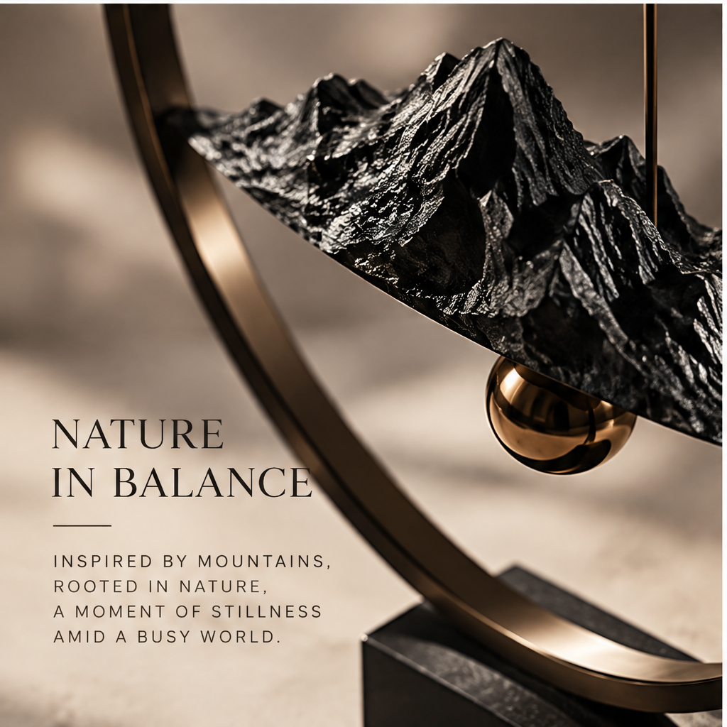 Detail image highlighting mountain texture, reflective sphere and stone base