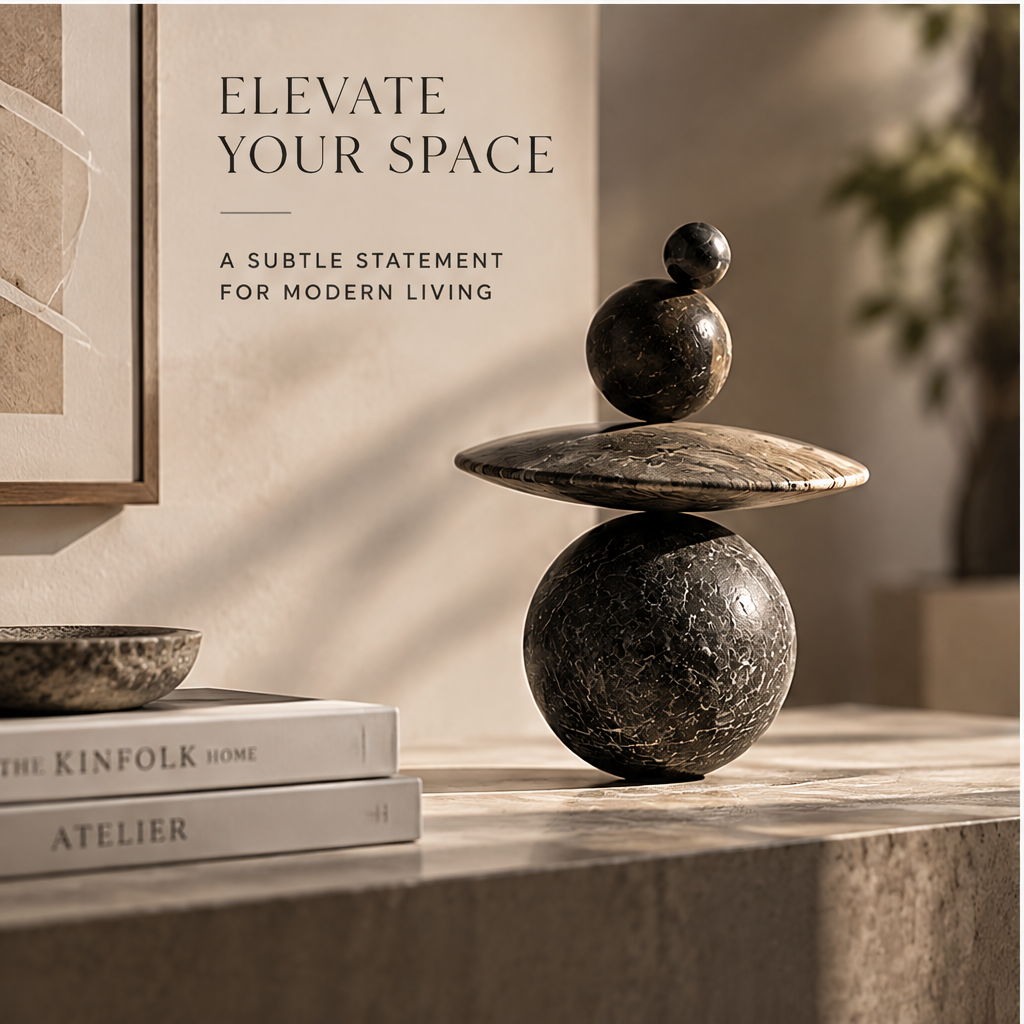 Stone disc and spheres sculpture showing its layered geometric silhouette