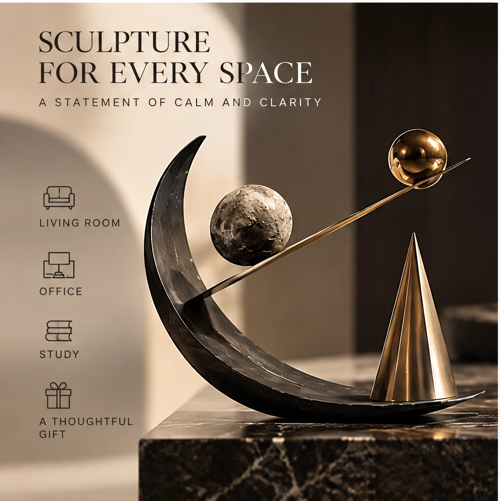 Angled view of the dark crescent, textured sphere and reflective gold-tone details